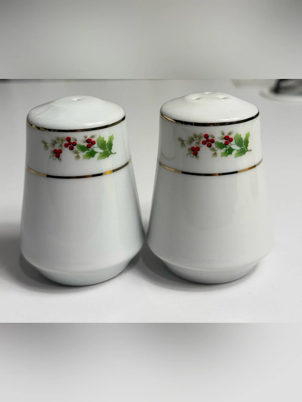 Vintage White Holiday Holly Porcelain Salt and Pepper Shaker Set with Gold Trim